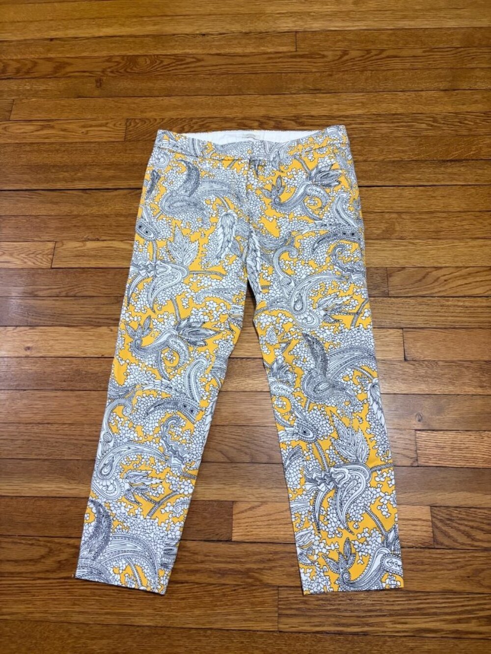 J. Crew Womens Cropped Pants 2 White Black Yellow Patterned Casual Preppy Work
